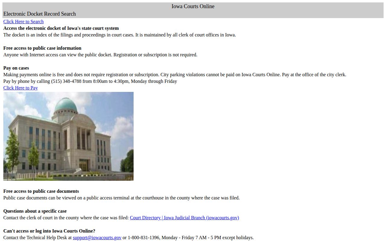 Iowa Courts Online official docket search landing page