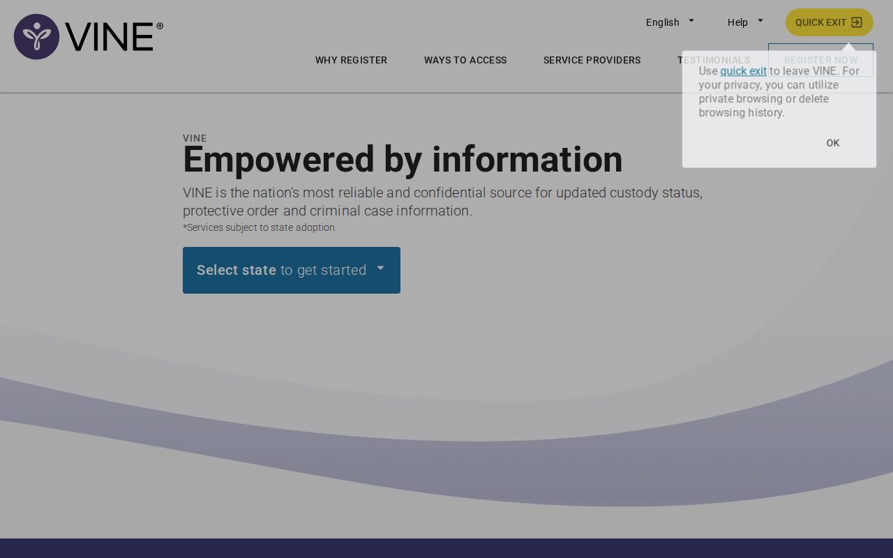 VINELink interface for selecting a state and checking custody