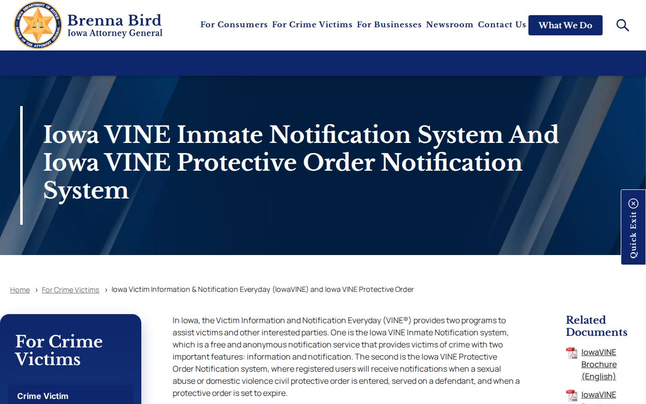 Iowa Attorney General IowaVINE information and notification instructions